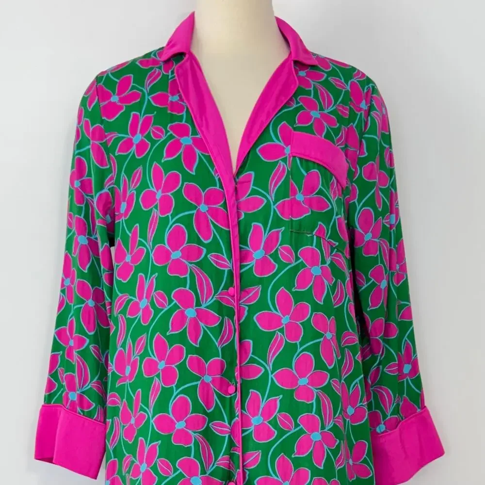 Kate Spade Floral Vines Sleep Shirt Pajama Lounge Dress Robe Kaftan Green/Pink M
